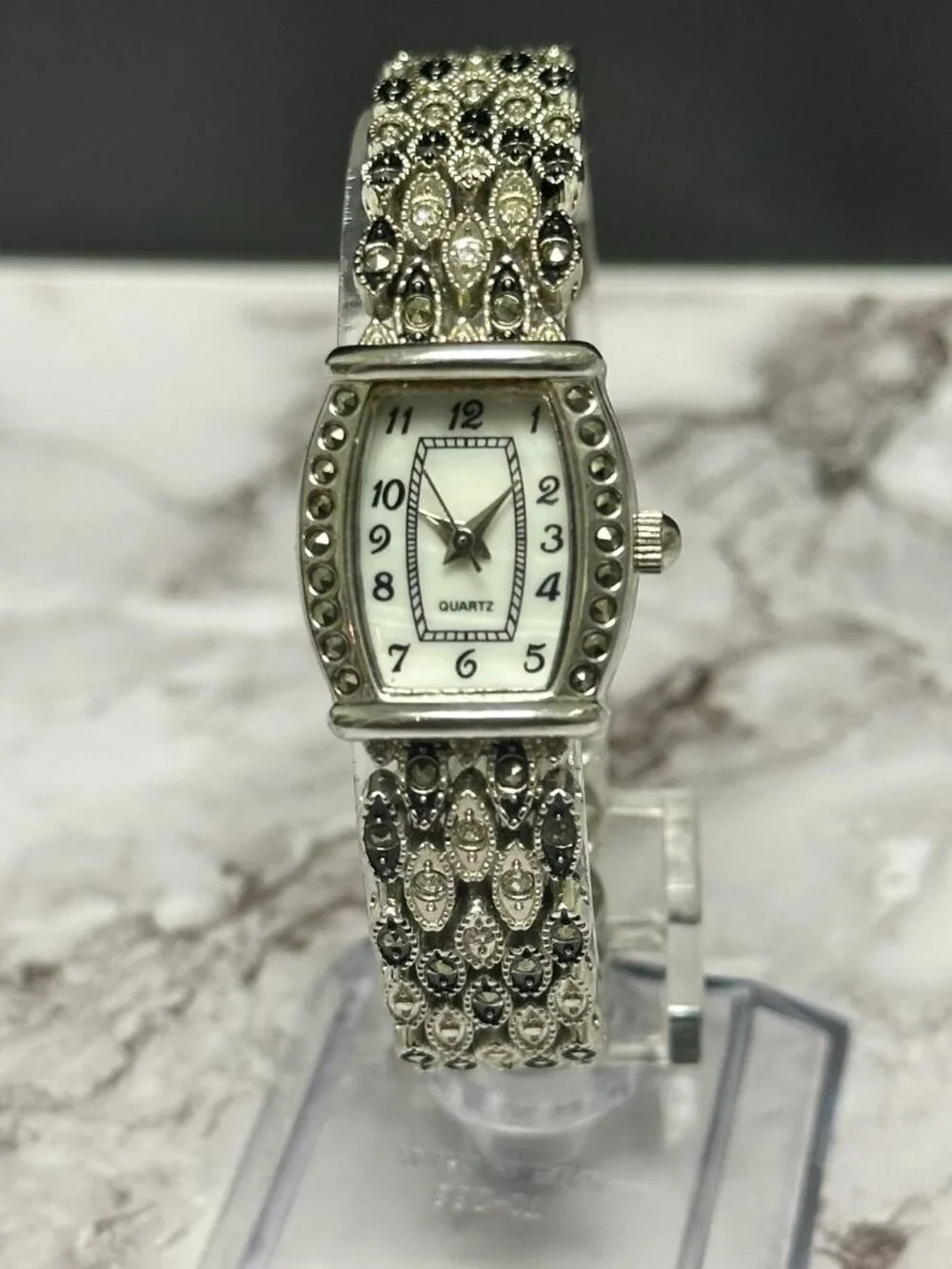 M. Z. Berger Marcasite Watch Silver Tone White Dial Ornate New Battery 7 inch